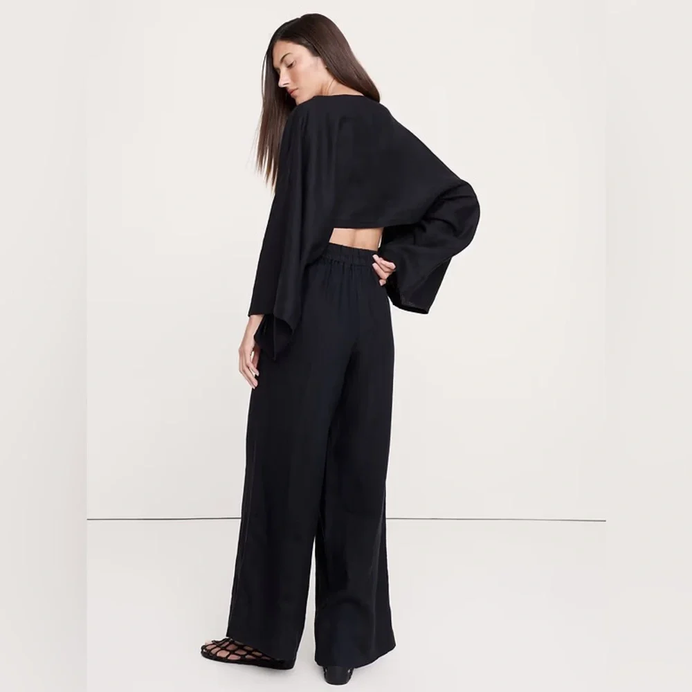 NWT! Banana Republic Black High-Rise Wide-Leg Linen Pull-On Ankle Pant - 🩷901561
